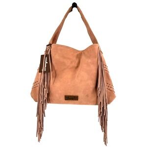 NEW Wrangler Shiloh Fringe Studded Leather Hobo Shoulder Bag Pink Western Boho